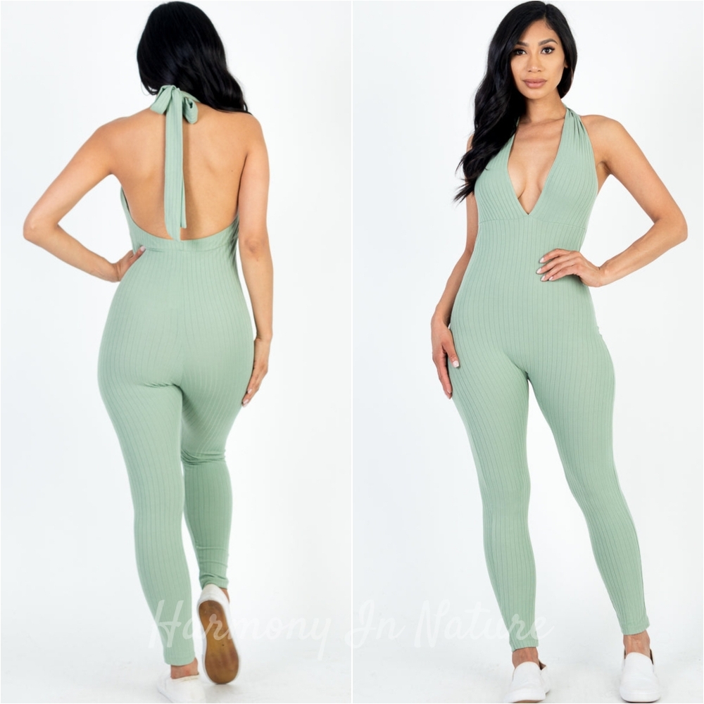 Harmony Deep Dive Bodycon Jumpsuit - Light Green